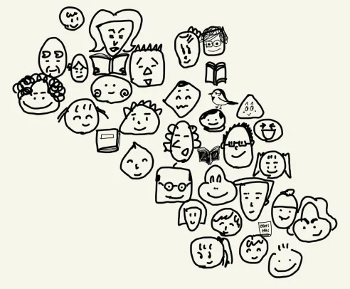 お年寄りから子どもまで、笑顔で本を読んでいる様子