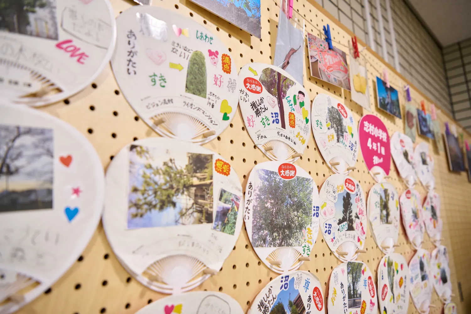 区役所に展示された「推しの木」のうちわ